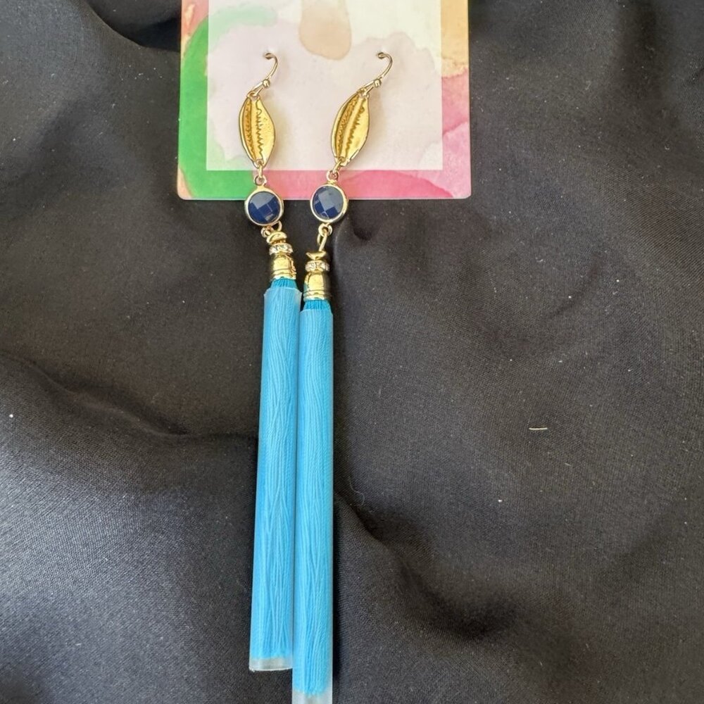 NWT Lilly Pulitzer Earrings Gold 5" Blue Tassel Dangle Pierced Gift Bag